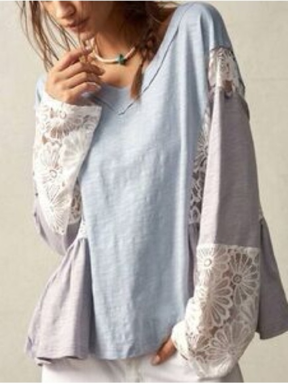 SHEIN Light Blue Lace-Trim V-Neck Top